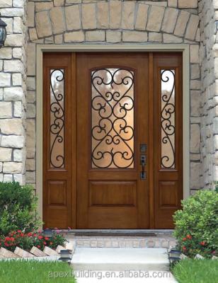 China Contemporary Glass Insert Door Solid Wood Wrought Iron Wooden Door for sale