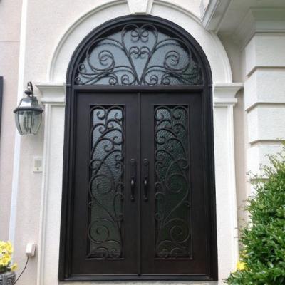 China Modern catalog designs villa lowes glass security wrought iron double entry door with transom for sale