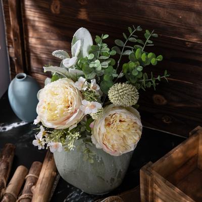 China New Design Artificial Peony Bouquet Home Decoration CF01177 Wedding Party Flocking Leaves Plastic Eucalyptus Bush For Wedding Decoration for sale