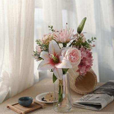 China CF01088 Modern Realistic Artificial Real Touch Lily Lotus Hydrangea Chrysanthemum Gypsophlia Bouquet For Bridal Bouquet for sale