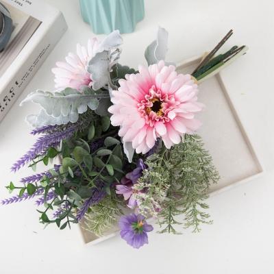 China Events Decoration CF01156 High Quality Artificial Gerbera Bouquet With Flock Plastic Leaves Lavender For Silk Flowers for sale