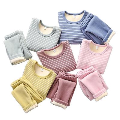 China 2022 Spandex/Polyester Winter SHINY Fashionable Warm Pajamas Thicken For Boys Girls Sleepwear Fleece Striped Baby Thermal Underwear for sale