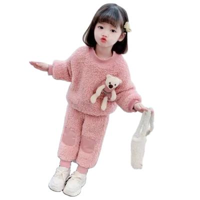 China Preppy Style High Quality Winter Baby Outwear Sweater Top+Pants Bear Lambswool Cartoon Boy Girl Clothing Set Suit for sale