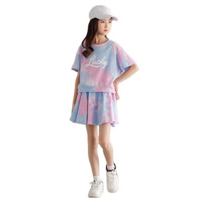 China New Arrival Casual Girls Team Girls Tie Dye T-shirt Dress 2 Pcs Spring Shorts Sleeves T-shirt Dress Kids Summer Clothing Sets for sale