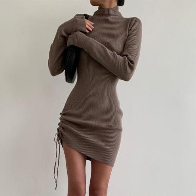 China 2021 New Women's Anti-Static Long Sleeve High Fashion Design Adjustable Neck Drawstring Hip Wrap Dress for sale