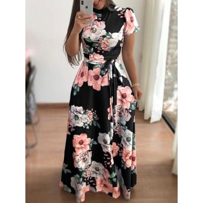 China New Arrival Women's Anti-static Maxi Dress Summer Casual Ladies Short Sleeve Flower Printing Long Dresses for sale