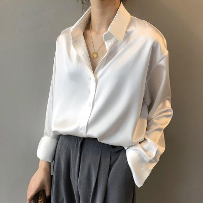 China Anti-pilling 2021 New Autumn Casual Turn-Down Collar Button Satin Shirts Silk Blouses For Women for sale