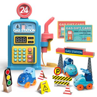 China Funny Kids Simulation Gas Station Vehicles And Roadblocks With 2 Cars Music Light Education Plastic Pretend Play Toys LD461123 for sale