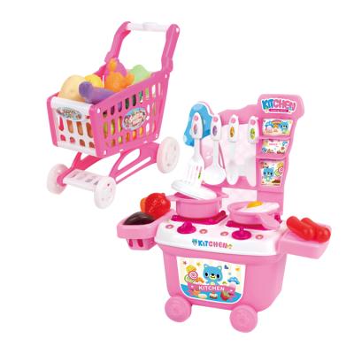 China Funny Pink Plastic Girl Gift Shopping Cart Kitchen Play House Toy Cooking Sets Made in Chenghai Shantou China for sale