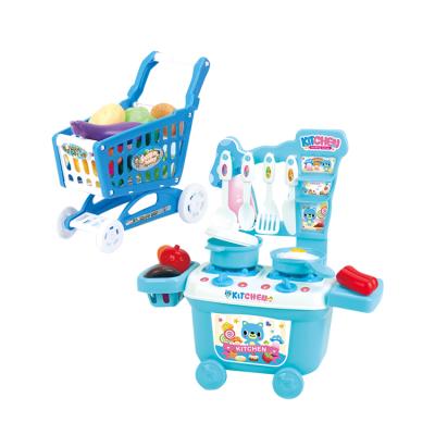 China Good Plastic Material Blue Kids Gift Plastic Shopping Cart Cooking Kitchen Play House Toy Set for sale