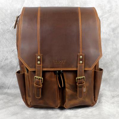 China Brown Large Capacity Vintage Travel Rucksack School Office Bag Laptop Leather Backpack Full Grain Leather Backpack Wear-resistant Leather Backpack for sale