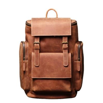 China Brown Large Capacity Vintage Travel Rucksack School Office Bag Laptop Leather Backpack Full Grain Leather Backpack Wear-resistant Leather Backpack for sale