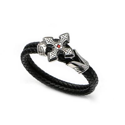 China TRENDY punk bracelet stainless steel flower end clasp connector bracelet double cross genuine leather men and women jewelry for sale