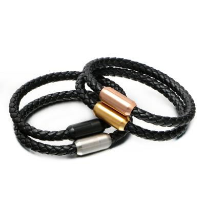 China FASHIONABLE custom personalized simple style men's magnetic stainless steel genuine leather bracelet for sale