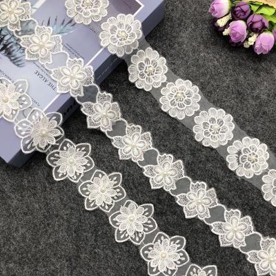 China Fashion 3D Double Layer Plum Blossom Pearl Beaded 3D Flower Lace Trim for sale