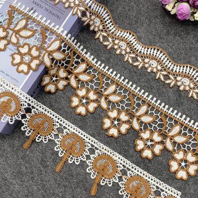 China White Fancy Two Water Soluble Colors And Coffee Embroidered Bridal Lace Trim for sale