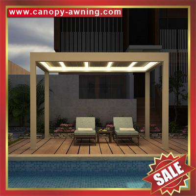 China Outdoor Aluminum alu Louvre System Motorized Opening louver gazebo pergola pavilion canopy Awning with LED light for sale