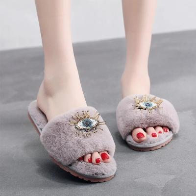 China Keep Warm Winter Home Slippers Shoes Female Hairy Fur Toe Slides Women Open Slippers Warm Faux Cross Soft Plush Ladies Slippers for sale