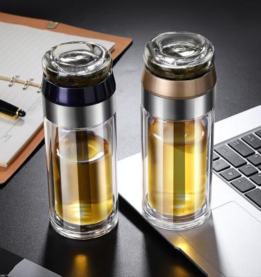 China Factory Supply Tea Cup Mini Water Bottle Hot Cold Sustainable Tea Insulated Glass Bottle With Lid And Strainer for sale