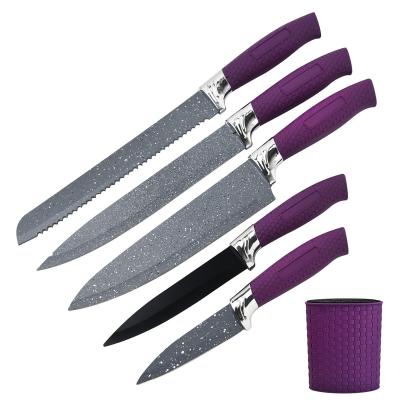 China Sustainable New Design Professional Stainless Steel Purple 6 Pieces Set PP Plastic Kitchen Knife for sale