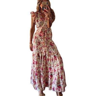 China Summer Women's Floral Print Breathable Bohemian Dresses Long Beach Maxi Casual Loose Boho Dress Short Sleeve With Belt for sale