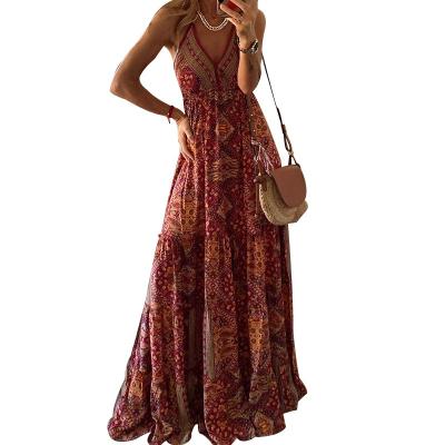 China Bohemian Floral Print Women Summer Dress Spaghetti Strap Long Wrap Maxi Dresses V Neck Viable Sexy Beach Dress for sale