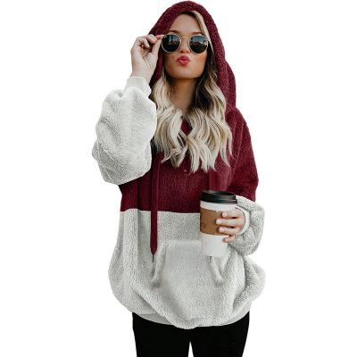 China New Women's Winter Fleece Breathable Contrast Color Long Sleeve Pocket Casual Hoodie for sale