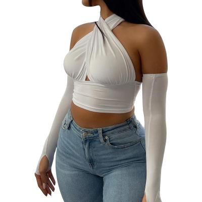 China QUICK DRY Women's Clothing Summer New Sexy Solid Color Halter Backless T-shirt Club Crop Top for sale