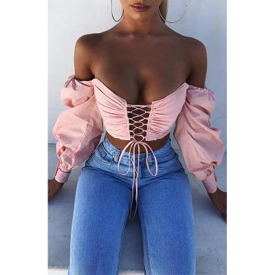 China Sexy Chic Anti-wrinkle Slash Neck Lace Up Off The Shoulder Blow Sleeve Beach Party Club Fitted Tops for sale