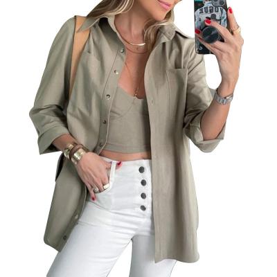 China 2022 Autumn New Fashion Women's Anti-wrinkle Solid Color Turn Down Collar Pocket Long Sleeve Shirt Simple Casual Blouse for sale