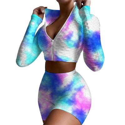 China 2021 New Arrival Women Breathable Fashion Chic Tie Dye Print Long Sleeve Top Shorts Gym Casual Fitness Yoga Sports Two Piece Suit for sale