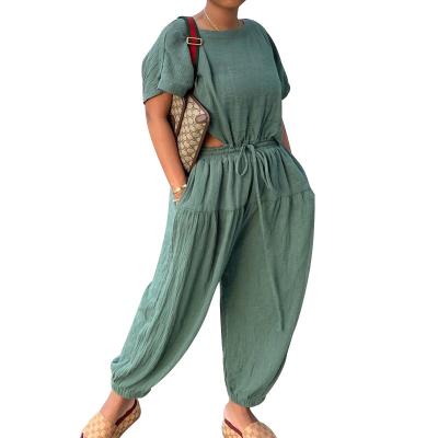 China QUICK DRY solid ruched drawstring waist cutout top and pants set for sale