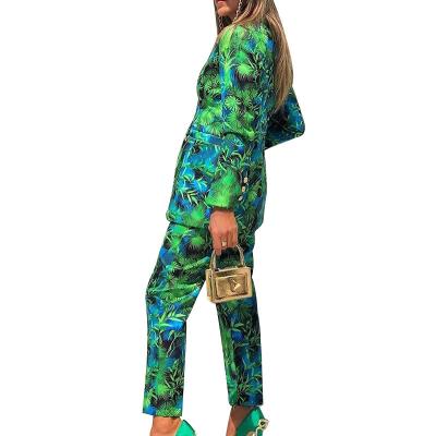 China New Fashion Breathable Chic Spring Autumn Leaf Print High Street Casual Blazer Suits Pants Casual Two Piece Set for sale