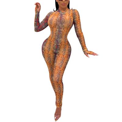 China Anti-pilling Women's Fashion Long Sleeve Snakeskin Print Bodycon Sexy Fitted Ladies Wears Party Club Jumpsuit Overalls for sale