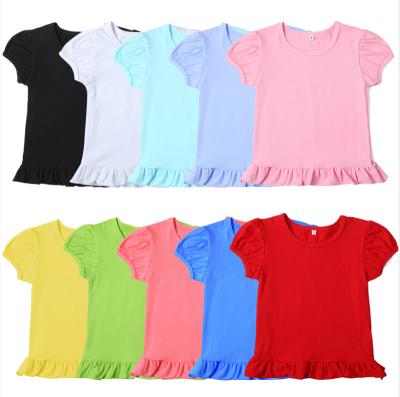 China Anti-pilling OEM Factory Customized Summer Solid Color Puff Shorts Sleeves 100% Cotton Top Plain Girls Tee Shirt White T-Shirt For Girls children for sale