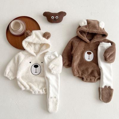 China Cute Infant Hooded Warm Baby Fleece Long Loungewear Toddler Autumn Winter Clothes Velor Bear Sleeve Romper For Baby Boy for sale