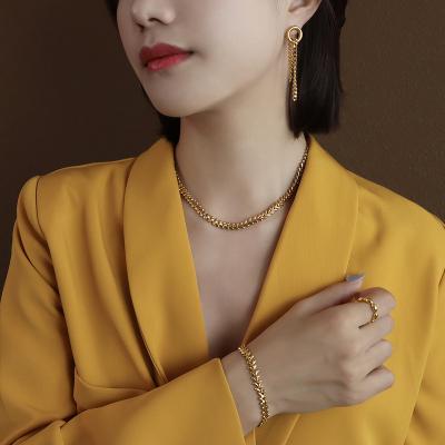 China Hot Selling Trendy Personalized European Style Leaf Titanium Steel 18k Gold Plated Bracelet Jewelry Necklace Set for sale