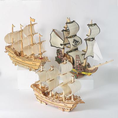 China Cartoon Toy Sailing DIY Handmade Educational Assemble Chinese Style Funny Boat Sailboat Toy 3d Wooden Puzzle Custom Wholesale for sale