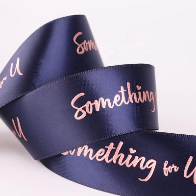 China Customized Recyled Rose Gold Foaming Hot Stamping Logo Custom Gold Rose Foil Printed Ribbon, 3.8cm Dark Blue Polyester Ribbon for sale