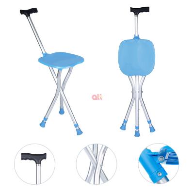 China 2021 Adjustable Folding Walking Stick Old Man Walking Stick Stool Aluminum Height Rubber Non-slip Feet With Chair for sale