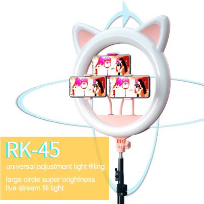 China Portable Flexible Professional Photography Ring Lights 45W 3000-6500K Cute Cat Shaped Led Ring Light 18 Inch With Tripod Stand for sale