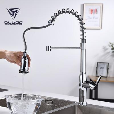 China OUBAO Amazon Contemporary Single Handle Chrome Deck Mounted Spring Pull Out Kitchen Mixer Tap for sale