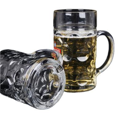 China Viable Lead Free Jumbo Glass 1L Beer Mugs Beer Stoneware Mug With Handle For Party KTV Oktoberfest Freezer for sale