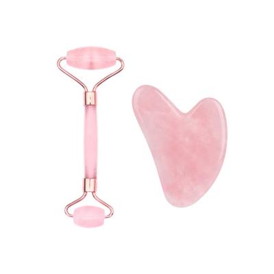 China Face Lift Custom Logo Handheld High Quality Natural Rose Quartz Vibrating Jade Roller And Gua Sha Set Massage Toll for sale