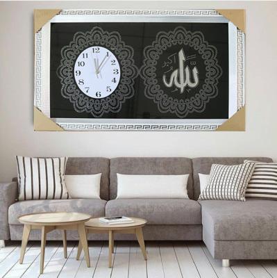 China Wholesale Muslim Mirror View Clock Diamonds Art Handmade Words Print Wall For Home Decor for sale