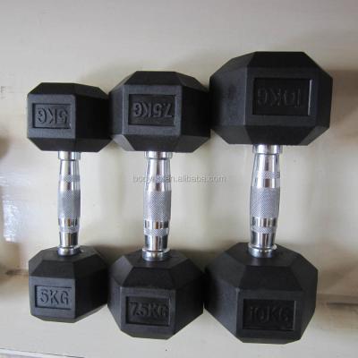 China Cast Iron& Rubber Coated Hex Rubber Gym Dumbbell , Chromed Handle for sale