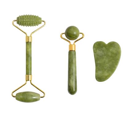 China Facial Roller 3 Roller Face Gua Sha Tool Kit Brush Rollers 1 Roller Jade Facial Massage Roller With Box Face Massager for sale