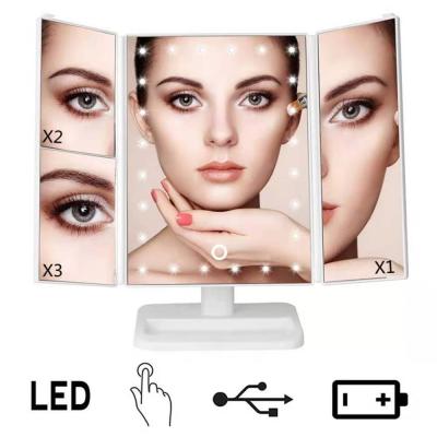 China Tri Folded Table Lighted Foldable Stand Make Up Vanity Led Makeup Mirror With Light And Foldable Stand for sale