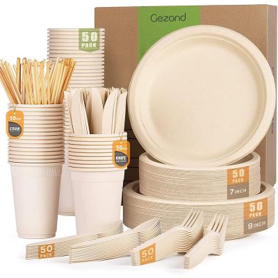 China Compostable Biodegradable Within 90 Days Amazon FBA Wedding Birthday Party Tableware Set Compostable Spoon Napkin Fork Knife Dish Disposable Tableware Set for sale