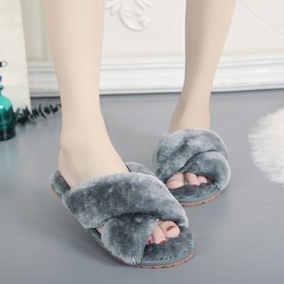 China Fashion Trend Bedroom Fuzzy Faux Fur Slipper Flat Fluffy Open Toe House Shoes Mint Furry Spa Women's Flip Flops Sandals for sale